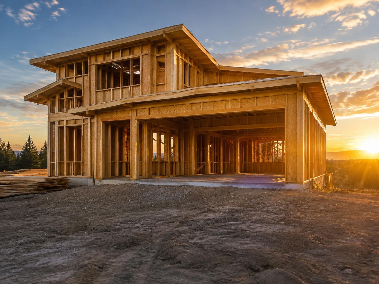 Wood framed new home under construction at sunset