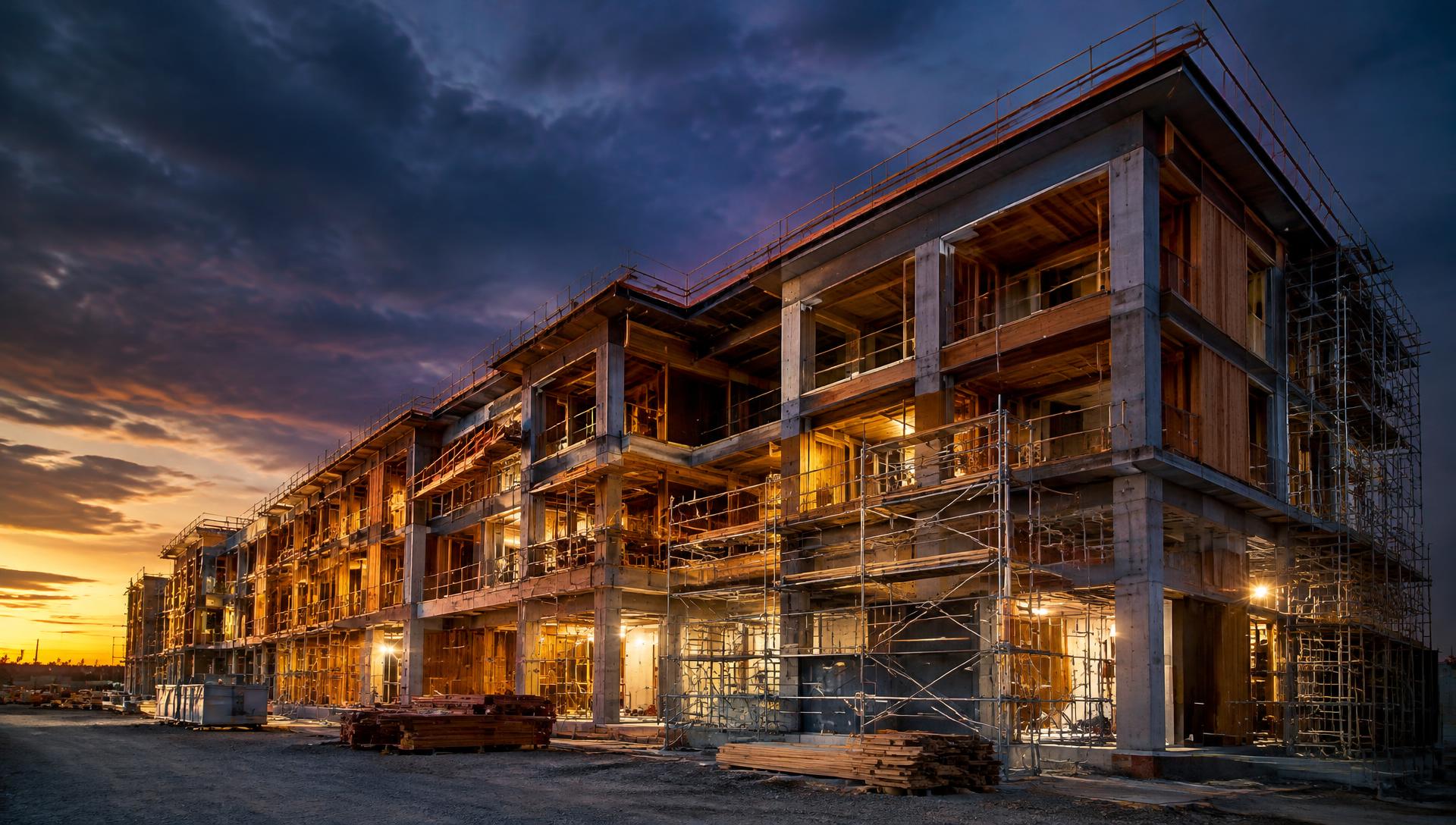 Multifamily building under construction at dusk